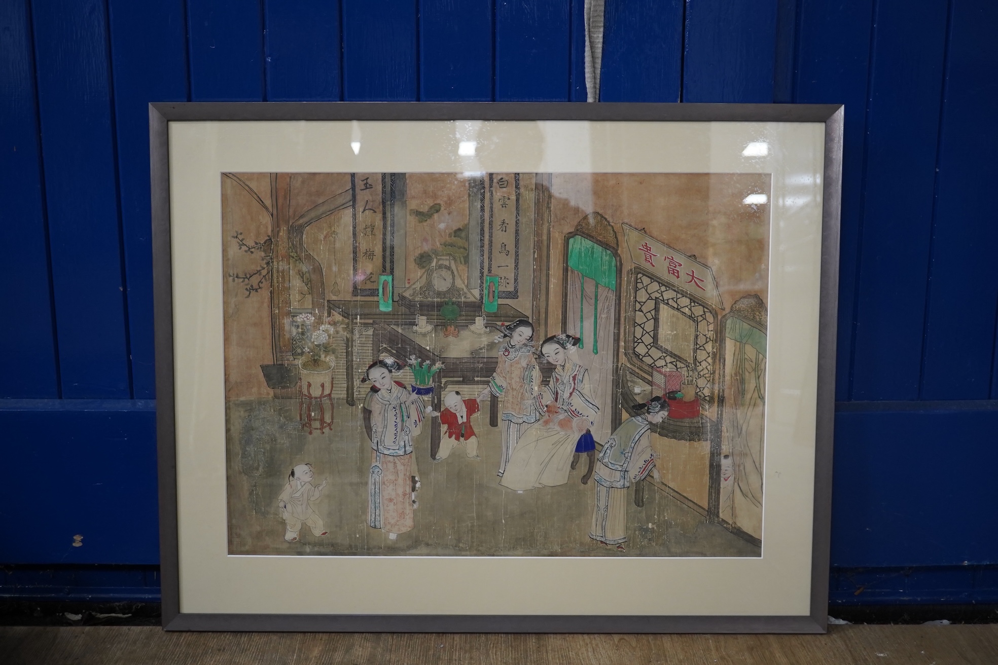 19th century, Chinese School, watercolour on silk, Interior scene with women and children, unsigned, 45 x 63cm. Condition - poor